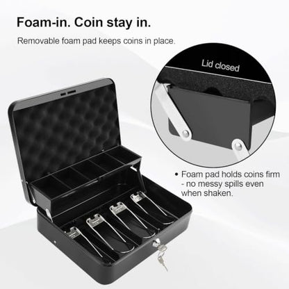 Jssmst Cash Box with Key Lock - 0.9mm Thick Metal Money Box for Garage Sales, Yard Sales and Petty Cash, Portable Cash Drawer with Coin Tray & Spill-Proof Foam Coin Cover, 4 No-Pinch Bill Clips,11.8''