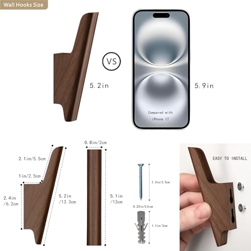 Wood Wall Hooks 4 Pack Coat Hooks Wall Mount, Towel Hooks for Bathrooms | Walnut Wooden Hooks for Hanging Hat, Bag, Backpack, Purse, Robe, Rustic Decor Coat Hooks for Wall Entryway Hooks(Walnut Dark)