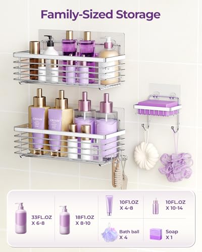 Shower Caddy Adhesive 3 Pack Stainless Steel Storage Organizers-Silver | No drilling wall mounted,rust-resistant,large capacity,quick drainage,easy to clean,suitable for bathrooms and kitchens