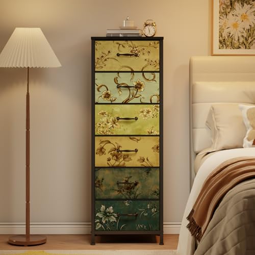 Tall 6 Drawers Dresser for Bedroom, Vintage Storage Organizer Unit | Tall Nightstand with Fabric Drawers, Retro Floral Pattern, Skinny Dresser for Closet, Dorm, Entryway, Metal Frame, Wood Top