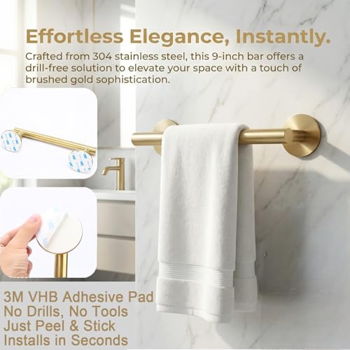 9" Self Adhesive Brushed Gold Towel Holder, No Drill Small Bathroom Organizer, 304SS