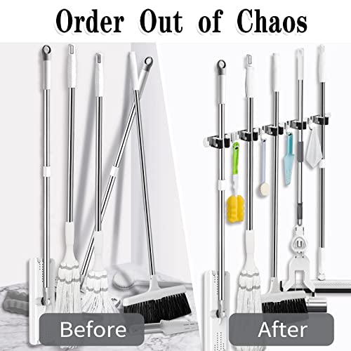 AceMining Broom Holder Wall Mount, 5 Racks 4 Hooks Heavy Duty Mop Organizer | Mop Holder Wall Mount and Broom Hanger for Garage, Laundry Room, Kitchen and Utility Storage