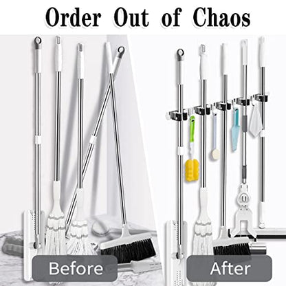 AceMining Broom Holder Wall Mount, 5 Racks 4 Hooks Heavy Duty Mop Organizer | Mop Holder Wall Mount and Broom Hanger for Garage, Laundry Room, Kitchen and Utility Storage