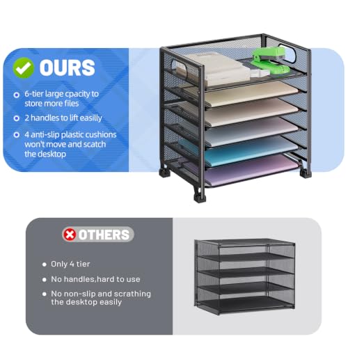 Simple Trending 6-Tier Paper Tray Organizer, File Organizer for Desk, Black | Letter Tray Holder with Handle. Sturdy Metal Frame. Non-slip Feet. Black for Office Home School. 13.35"L x 9.35"W x 15.6"H