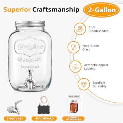 2 Gallon Glass Beverage Dispenser, 18/8 Stainless Steel Spigot and Lid - Glass Drink Dispensers for Parties - Mason Jar Drink Dispensers with Lids - Laundry Detergent Holder