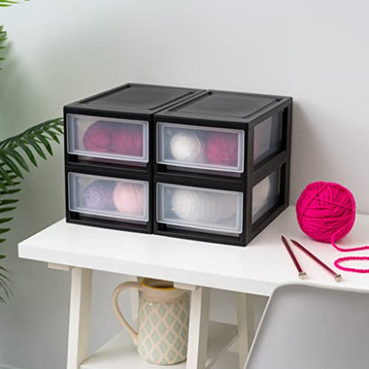 IRIS USA 4-Pack, 6 Qt. Small Stacking Drawer Storage Organizer, Black | Keep craft supplies, accessories, office items, and small essentials organized around your home for easy everyday storage