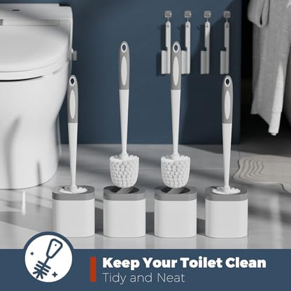Toilet Brush and Holder Set, Space Saving, 4 Pack, White | Bathroom Accessories, Ergonomic Silicone Handle, Dense Bristles, Deep Cleaning, with 4 Crevice Brushes, Compact Design