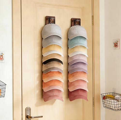 2 Pack Hat Organizer for Baseball Caps, Wood & Metal Hat Rack for Wall, Hat Storage for 22 Caps with Strong Adhesive/Wall Drilled for Door, Wall and Closet (Brown)