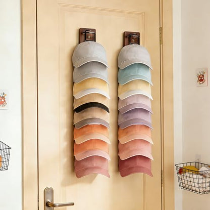 2 Pack Hat Organizer for Baseball Caps, Wood & Metal Hat Rack for Wall, Hat Storage for 22 Caps with Strong Adhesive/Wall Drilled for Door, Wall and Closet (Brown)