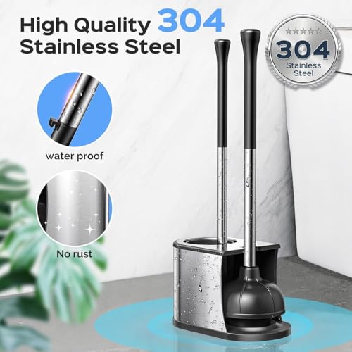 HAMITOR Toilet Plunger and Brush Set: 2 Pack 2 in 1 Stainless Steel Rustproof Combo with Curved Bristles - Heavy Duty Toilet Unclogging for Family Bathroom - Compact Apartment Cleaning Accessories