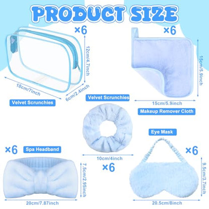 30 Pcs Spa Sleepover Party Supplies 6 Bow Makeup Headband 6 Plush Sleep Eye Mask 6 Velvet Scrunchies 6 Makeup Remover Cloth 6 Clear Cosmetic Bags for Women Slumber Party Favors (Blue)