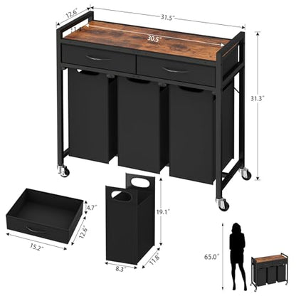 Laundry Sorter 3 Section, 120 L Laundry Hamper with 2 Drawers & 2-tone Top Panel, Rolling Laundry Basket Organizer with Pull-Out Removable Oxford Fabric Bags for Laundry Room Organization UNZYL006BVV3
