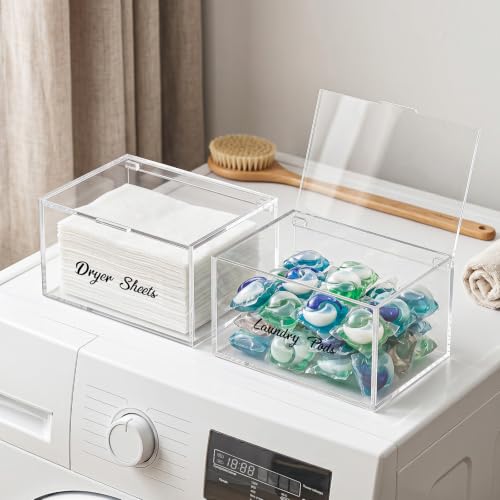 Acrylic Dryer Sheet Holder Dispenser Container,Bonus Black Labels Included | Clear Fabric Sheet Holder Box for Bathroom,Laundry Room Storage Organization and Decor