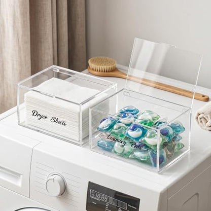 Acrylic Dryer Sheet Holder Dispenser Container,Bonus Black Labels Included | Clear Fabric Sheet Holder Box for Bathroom,Laundry Room Storage Organization and Decor