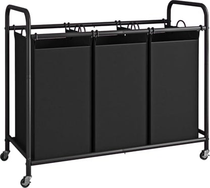 LINZINAR 3 Section Laundry Hamper, Black Laundry Basket 135L Laundry Sorter | Laundry Room Organization with Heavy Duty Rolling Lockable Wheels and Removable Bag, Bedroom Laundry Cart for Clothes Storage