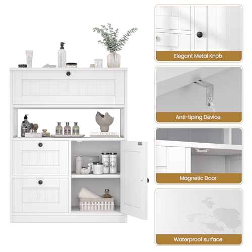 Bathroom Cabinet, Modern Bathroom Floor Storage Cabinet Organizer with 1 Door and 3 Drawers, Freestanding Cupboard for Kitchen/Living Room Use