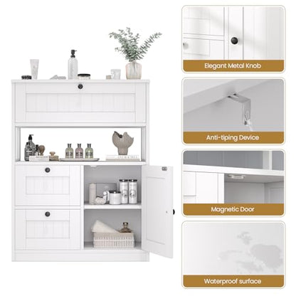 Bathroom Cabinet, Modern Bathroom Floor Storage Cabinet Organizer with 1 Door and 3 Drawers, Freestanding Cupboard for Kitchen/Living Room Use