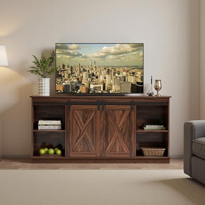Sweetcrispy Farmhouse TV Stand 65 Inch for Living Room Bedroom Brown, Tall Entertainment Center with Storage Shelves, Media Console Cabinet with Wood Board, 300 LBS Capacity and Sliding Barn Door