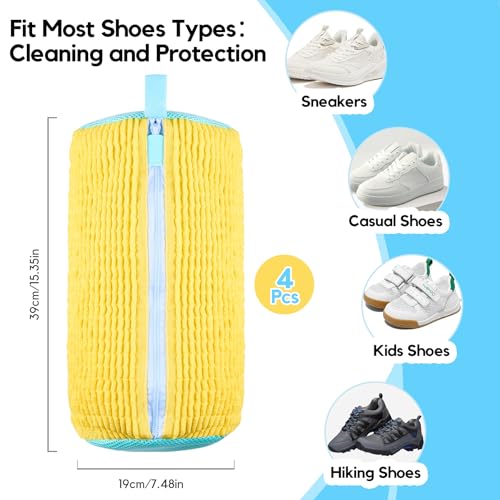 Shoe Washing Machine Bag, 4 Pcs Shoe Laundry Bag for Sneacker | With 4 Boot Stretcher (L 6-12.5 & S 5-10.5), Reusable,Durable Zipper,360°Deep Cleaning, Fit Most Shoes Types