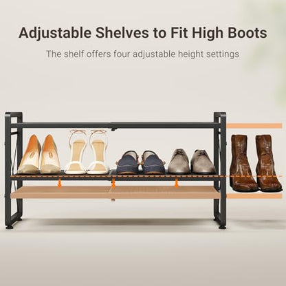 ELYKEN Expandable Shoe Rack for Closet, 2-Tier Metal Black Shoe Organizer | Adjustable Height Shoe Shelf for Boots, Heels, with 4 Hooks, Stackable Shoe Stand Holder for Entryway, Garage, Door Entrance