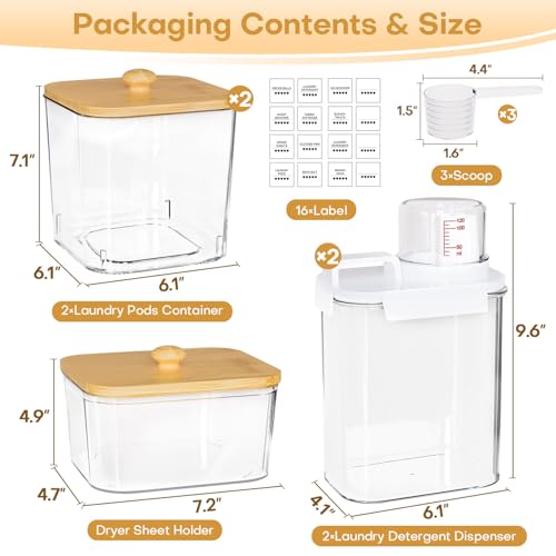 Homde Clear Laundry Detergent Dispenser: Reusable 3+2 Pack with Lids | Pods Container for Dryer Balls - Plastic Sheets Holder Set for Scent Booster