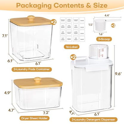Homde Clear Laundry Detergent Dispenser: Reusable 3+2 Pack with Lids | Pods Container for Dryer Balls - Plastic Sheets Holder Set for Scent Booster