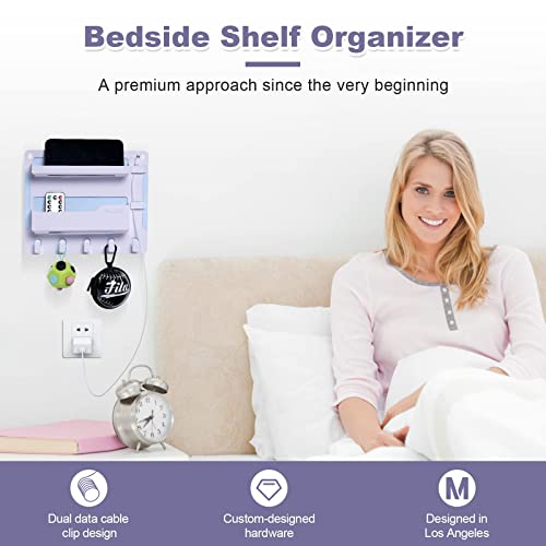 Bedside Shelf Wall Mount, Adhesive Bedside Shelf Accessories Organizer with Hooks and Cable Clips,Dorm Bedside Wall Storage for Phone, Remote, Earphone, Kindle,Plastic(White)