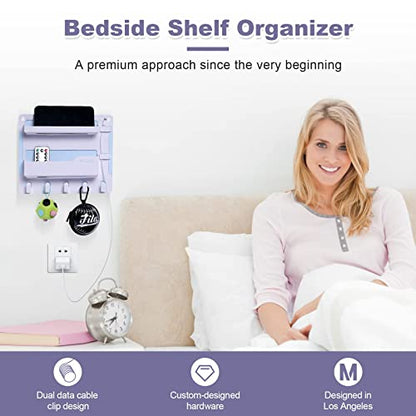 Bedside Shelf Wall Mount, Adhesive Bedside Shelf Accessories Organizer with Hooks and Cable Clips,Dorm Bedside Wall Storage for Phone, Remote, Earphone, Kindle,Plastic(White)