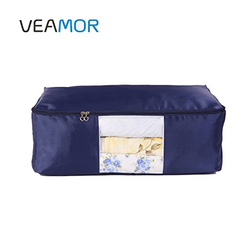 Blanket Storage Bags Pillow Bedspread Bedding Clothes Organizer Storage Containers With Zippers Breathable and Moistureproof. (Navy blue 2pcs, L)