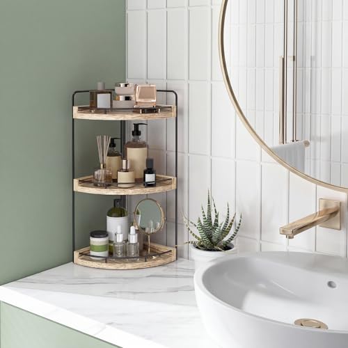 Fixwal 3 Tier Corner Bathroom Countertop Organizer Vanity Shelf Light Brown | Corner Organizer, Rustic Wood Finish, Countertop Storage for Bathroom Essentials, No Install, Compact, Space Saving