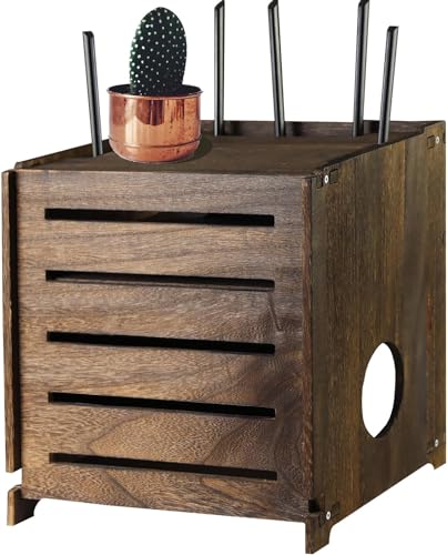 Wooden WiFi Router Storage Box Charcoal Retro Wood Router Hider Box Modem Store Boxes, Double-Layers WiFi Hiding Boxes Internet Hiders No Signal Blocking Router Cabinet Wood