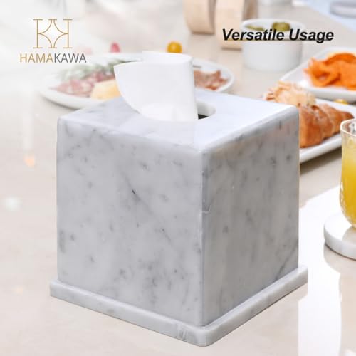 Natural Marble Tissue Box Cover, Carrara White Tissue Organizer 6 x 6 x 5.7 inch, Heavy Stone Decorative Box, Square Tissue Box Holder for Home Decor, Kitchen, Bathroom, Bedroom
