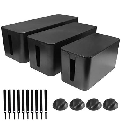 DUNCHATY Cable Management Box 3 Pack - Cord Organizer Box for Desk TV Computer - Large Medium Small Power Strip Cover & Wire Hider - Child & Pet Safe ABS Cord Box with Cable Ties - Black