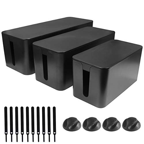DUNCHATY Cable Management Box 3 Pack - Cord Organizer Box for Desk TV Computer - Large Medium Small Power Strip Cover & Wire Hider - Child & Pet Safe ABS Cord Box with Cable Ties - Black