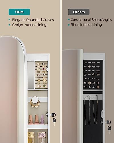 SONGMICS Jewelry Organizer, LED Jewelry Cabinet Wall/Door Mounted, Lockable Rounded Wide Mirror with Storage, Interior Mirror, 3.9 x 16.5 x 42.5 Inches, White Surface with Greige Lining