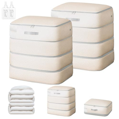 Comforter Storage Bag - 130L Large Capacity Blanket Storage Bags 4-Layer Ultra Space Saving Self Compression Organizer, Washable Compression Bags for Storage Comforter Blanket, 2-Pack, Beige