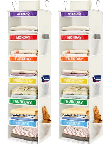 2 Pack 6-Shelf Weekly Clothes Organizer for Kids, Hanging Daily Closet Organization with 6 Side Pockets, Days of The Week Clothing Divider Storage for Boys and Girls (White)