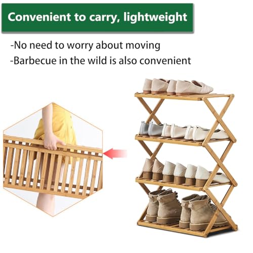 4 Tier Bamboo Shoe Rack,Portable Folding Shoe Storage Rack,Without Installation Small Shoe Rack Perfect for Corridors, Bedrooms and Small Spaces (4 Tier)