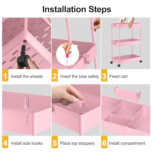3 Tier Rolling Cart with Wheels, Storage Craft Art Trolley Organizer Serving, 3 Hanging Baskets Easy Assembly, for Office, Living Room, Kitchen, Pink