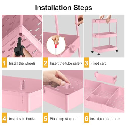 3 Tier Rolling Cart with Wheels, Storage Craft Art Trolley Organizer Serving, 3 Hanging Baskets Easy Assembly, for Office, Living Room, Kitchen, Pink