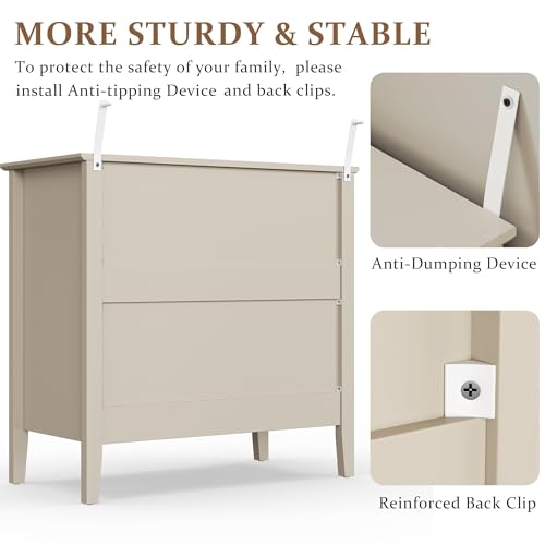 RoyalCraft Beige Fluted 3 Drawer Dresser, 32 inch Wide Dresser Nightstand for Bedroom, Modern Wood Chest of Drawers, Large Painted Nightstand with 3 Drawers for Closet, Hallway, Entryway