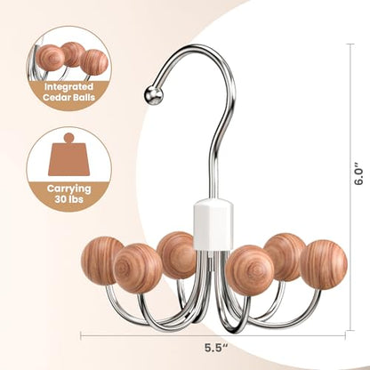 2-Pack 360° Swivel Hoodie Hangers with 6 Cedar Balls, Closet Organizer for Bra, Scarves, Belts, Purse & Accessories Storage