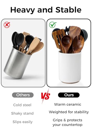 6.7" Utensil Holder, Ceramic Kitchen Utensil Holder with Cork Bottom, Large Utensil Crock for Countertop, Vintage Cooking Tool Organizer Set for Kitchen Counter Decor(White)