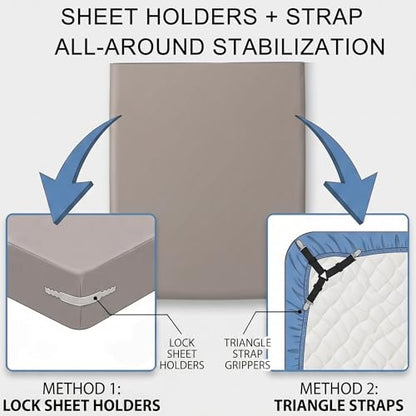 No-Lift Bed Sheet Holders for Thick Mattresses, 8PcsTriangle Sheet Straps Keep Sheets in Place All Night, Upgraded Mattress Clips with Fabric-Safe Grippers, Fitted Sheet Fasteners