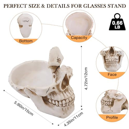 Skull Glasses Holder Stand with Storage Tray , Novelty Eyeglass Holder Rack for Nightstand, Resin Skull Head Sculpture Statue Home Office Desk Decor Gift (White)