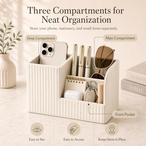 Desk Pen Organizer Office Supplies Caddy Pu Leather Multi-function Storage Box Pen/Pencil,Cell phone, Business Name Cards Remote Control Holder (Ivory White)