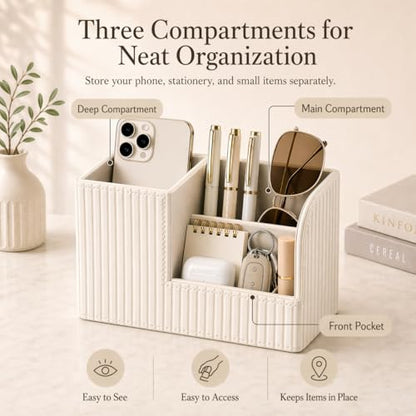 Desk Pen Organizer Office Supplies Caddy Pu Leather Multi-function Storage Box Pen/Pencil,Cell phone, Business Name Cards Remote Control Holder (Ivory White)