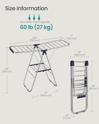 SONGMICS Clothes Drying Rack, Foldable Laundry Drying Rack, Blue | Sock Clips, Metal Clothes Airer with Height-Adjustable Gullwings, Space-Saving, Indoor Outdoor, ULLR505EQ01