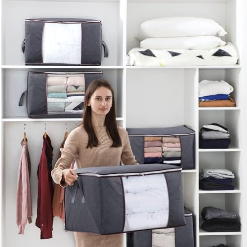 Lifewit 3 Pack 90L Clothes Storage Bins with Lids, Foldable Blanket Storage Bags with Zippers, Clear Window and Reinforced Handles, Closet and Organization for Clothing, Sweater, Comforter, Bedding