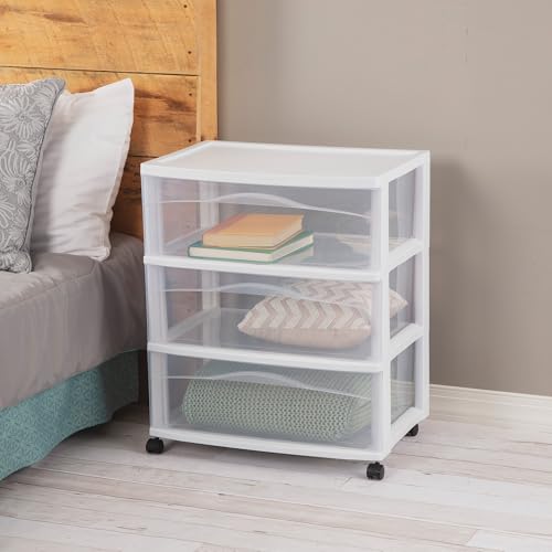 Sterilite Wide 3-Drawer Cart Storage with Wheels for Bedroom and Dresser | Organizing Plastic Drawers and Containers for Home, Office, Desk, Clothes, Dresser, Kitchen, and Pantry